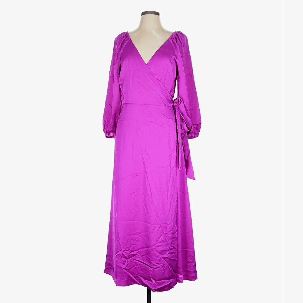Ann Taylor Fuchsia Wrap Maxi Dress with Long Puff Sleeves - Picture 1 of 3